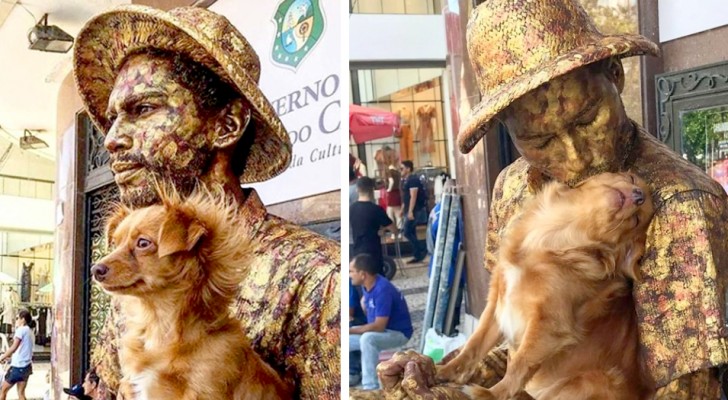 A dog remains motionless like a statue together with his street artist master: now they are real stars