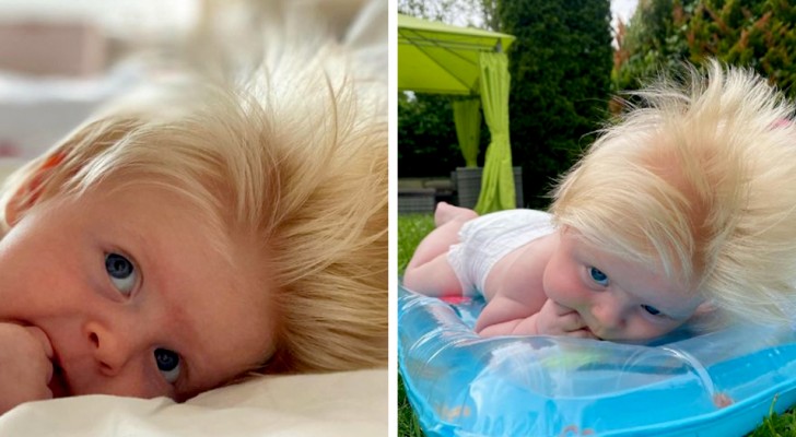 A baby is born with very thick blond hair: 