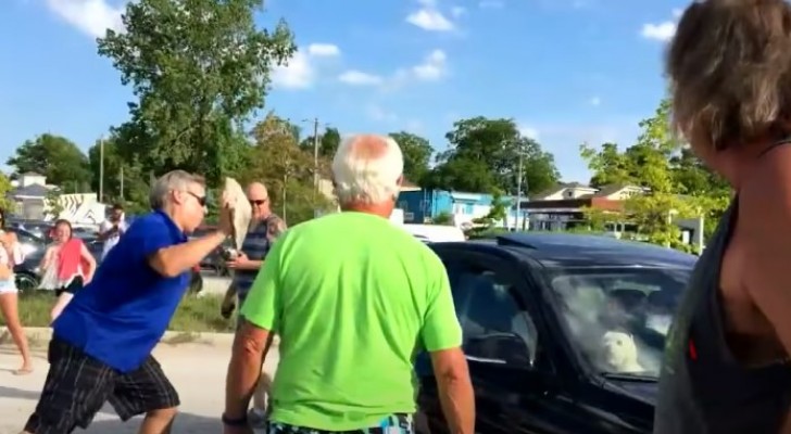 Hij ziet een hondje achtergelaten in een auto onder de zon en aarzelt niet om het raam te breken om het te redden