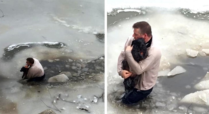 Un homme saute dans les eaux glacées d'une rivière pour sauver un petit chien qui s'est retrouvé piégé