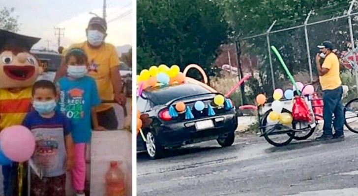 The school organizes a parade with the parents' cars: not having one, a father arrived with his bicycle