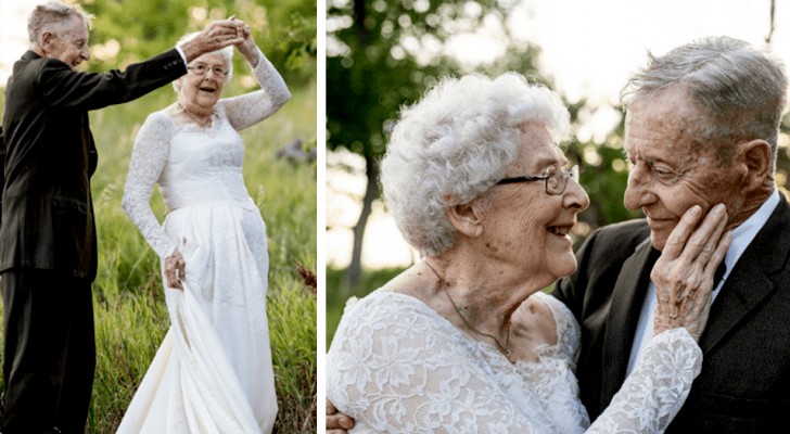 Ottantenni festeggiano il loro anniversario indossando gli stessi abiti del matrimonio di 60 anni prima