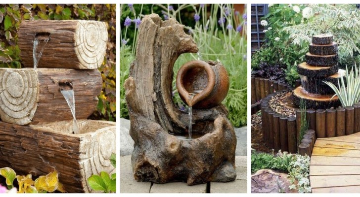 Oude boomstammen en houten voorwerpen: maak er mooie fonteinen van met deze tuinideeën