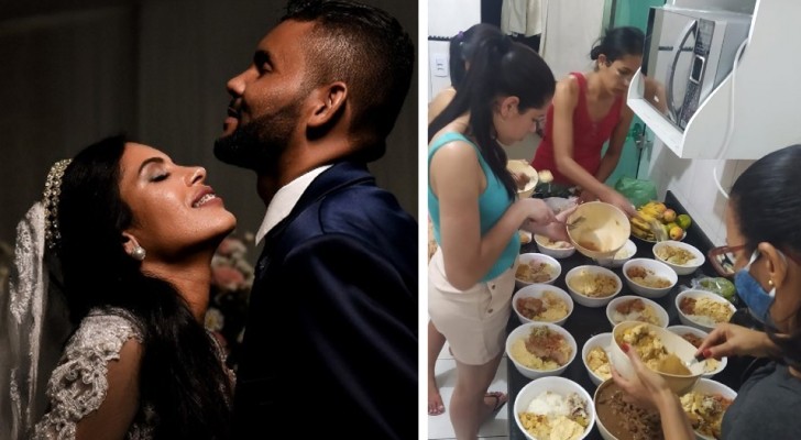 Una joven pareja casada dona toda la comida sobrante de su boda a las personas más necesitadas