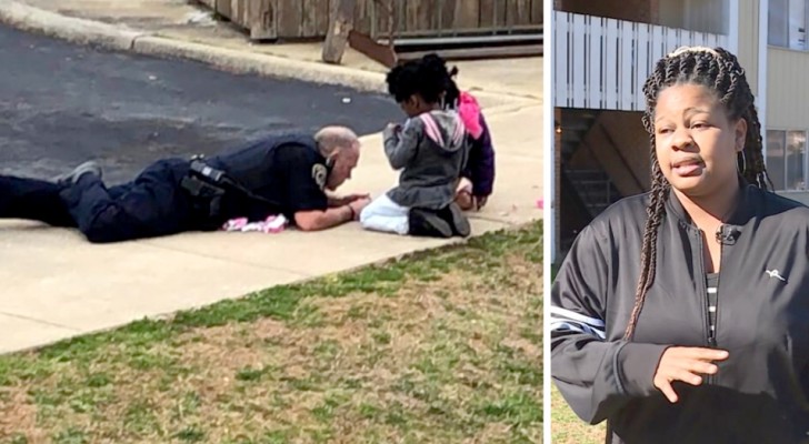 A policeman gets down on the ground to play with dolls with some girls: they were afraid of him