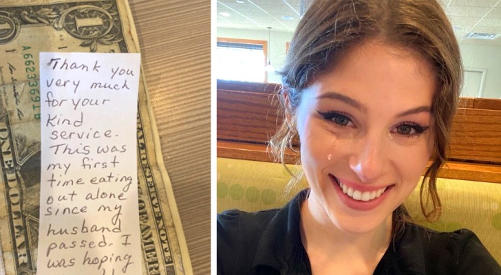 A waitress is moved when she reads the message from an elderly client who had come to the restaurant alone