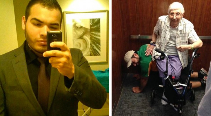 Han blir fast i hissen tillsammans med en 79-årig kvinna och låtsas vara en "mänsklig stol" för att låta henne vila