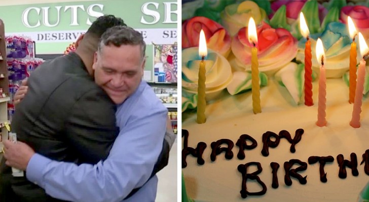 Shop manager buys a birthday cake for a customer who couldn't afford it