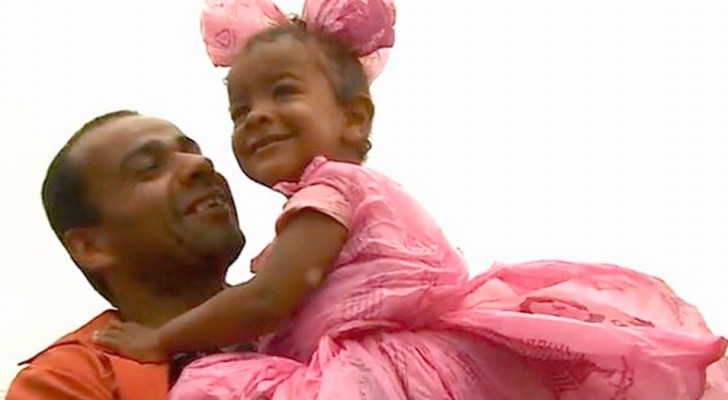 He can't afford a princess dress for his daughter, so dad makes it out of plastic bags