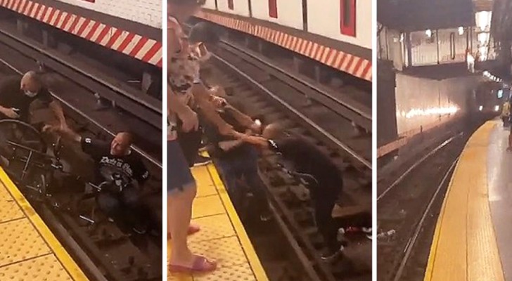 Een passagier springt op het spoor om een ​​man in een rolstoel te redden die van het perron viel