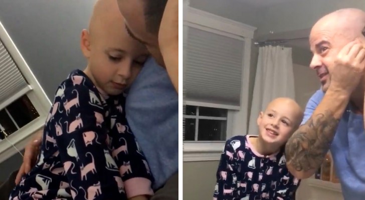 6-jarig meisje is verdrietig omdat ze geen haar meer heeft, daarom scheert haar vader zijn hoofd kaal om haar op te vrolijken