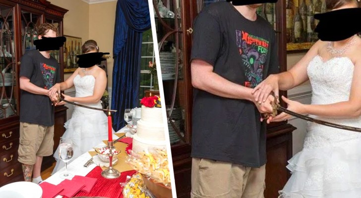 Bruidegom gefotografeerd bij het aansnijden van de taart in T-shirt en korte broek: Respectloos voor de bruid