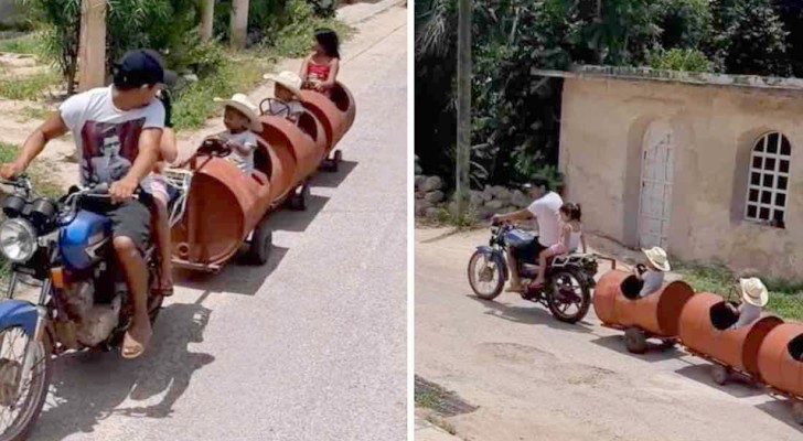 Um pai pobre constrói um trenzinho para entreter seus três filhos: uma maneira de viver a vida sempre com um sorriso