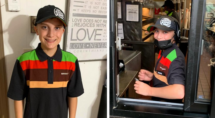 En stolt pappa hyllar sin 14-åriga son som arbetar på en snabbmatsrestaurang hela dagarna men blir överöst av kritik