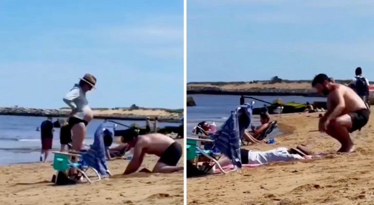 Er gräbt ein Loch am Strand, damit seine schwangere Frau sich hinlegen kann: ein Beweis wahrer Liebe