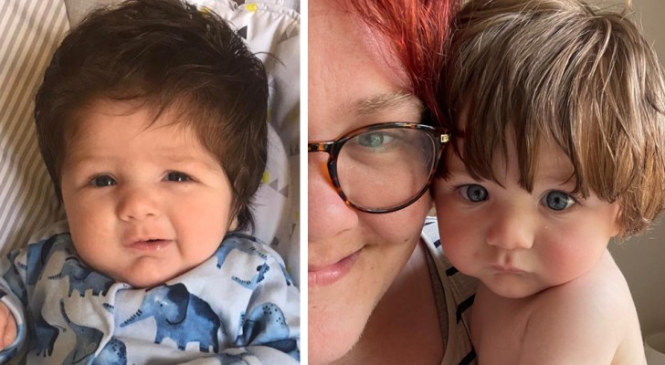 Haar 9 maanden oude zoon heeft zoveel haar dat het lijkt alsof hij een pruik draagt: 