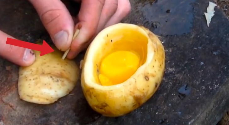 He cracks an egg into a potato... The result is simply delicious!