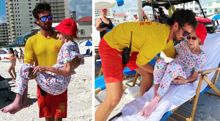 Badmeester draagt ​​een 95-jarige dame in zijn armen zodat ze bij de ligstoel kan komen