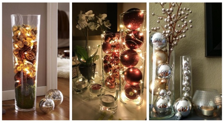 Decorazioni di Natale facili e veloci? Creale riempiendo con fantasia semplici vasi di vetro alti e stretti