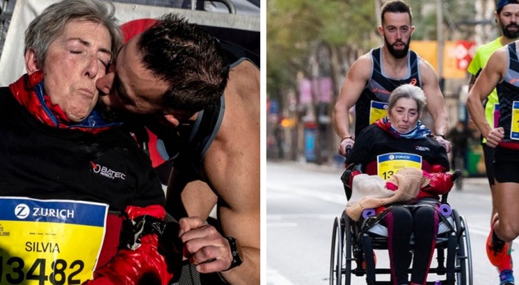 Ele empurra a cadeira de rodas da mãe durante a maratona e quebra o recorde mundial