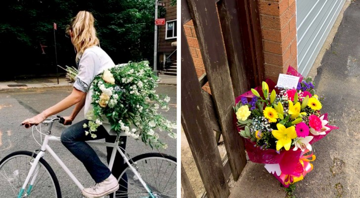 Sie verteilt Blumenbouquets auf der Straße, um die Welt schöner zu machen und Passanten ein Lächeln zu entlocken