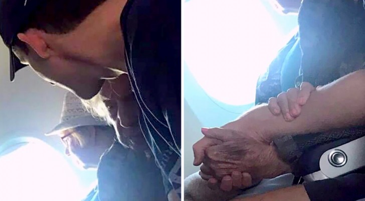 Nonna di 96 anni ha paura di viaggiare in aereo, sconosciuto le regge il braccio per calmarla durante il volo