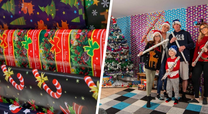 Weihnachtsbesessene Mutter dekoriert alle Wände des Hauses mit weihnachtlichem Geschenkpapier
