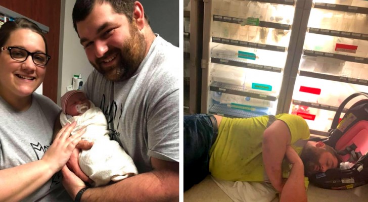 Nach 12 Stunden Arbeit begleitet er seine Frau für die Geburt ihres Kindes ins Krankenhaus, schläft aber auf dem Boden der Notaufnahme ein