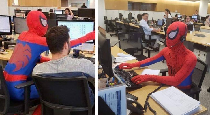 Für seinen letzten Tag in der Bank verkleidet er sich als Spider-Man: 