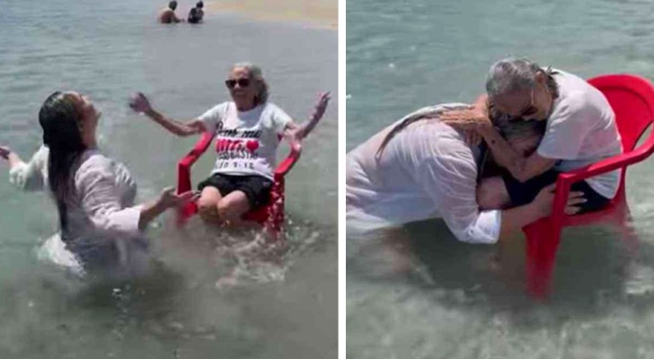 Kleindochter neemt haar oma mee om een bad te nemen in zee n vervult haar grootste wens