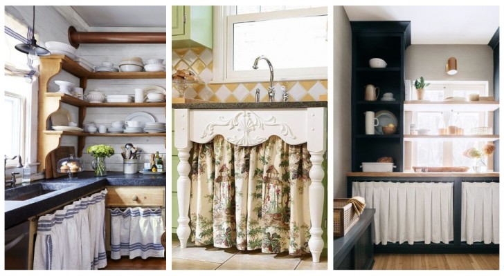 Har du öppna hyllor i köket? Du kan täcka dem med skräddarsydda gardiner och dekorera med en rustik touch