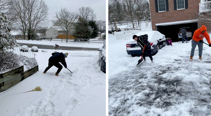 Giovani atleti saltano gli allenamenti e spalano la neve degli anziani del loro quartiere