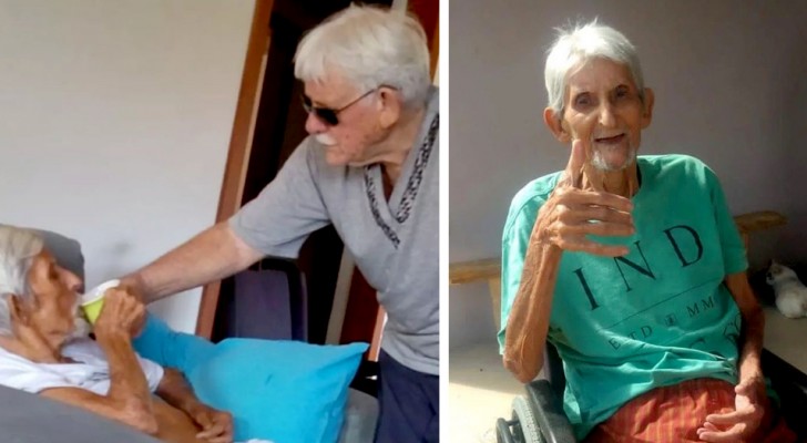 Elderly man takes care of his dying father-in-law day and night: he washes him, dresses him and feeds him