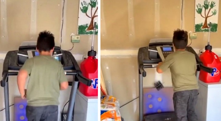 Son runs on the treadmill: to play video games, he has to walk 12,000 steps a day