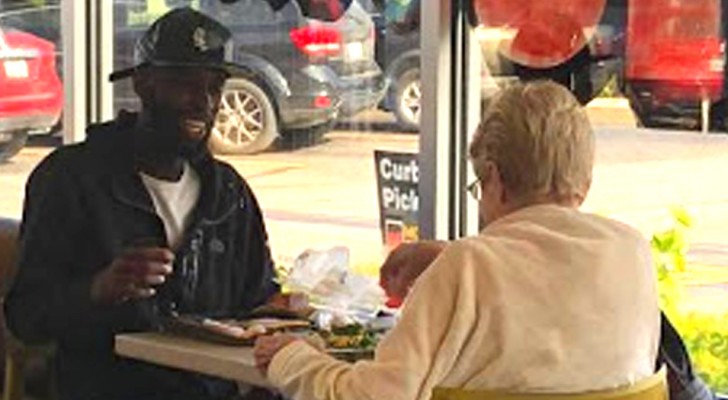 An elderly, lonely woman asks a young man if she can sit down to have lunch with him: a friendship is born