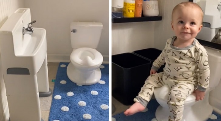 Mom builds a miniature bathroom to teach her infant son to be independent