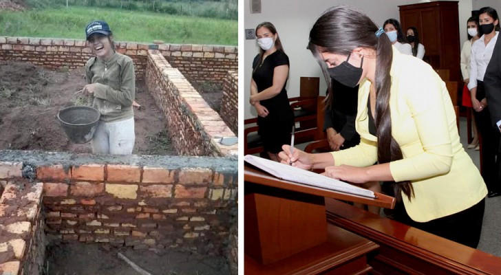 Young woman works as a bricklayer every day to pay for her studies to become a lawyer