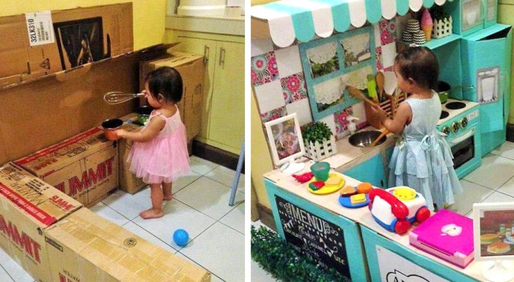 Kreative Mutter baut aus alten Kartons eine Miniaturküche für ihre Tochter