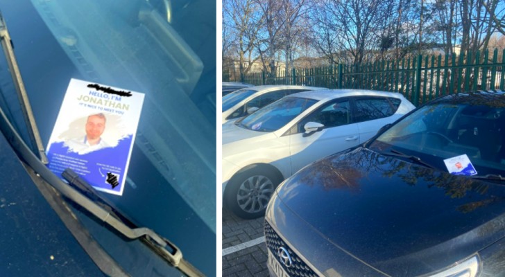 Hij verspreidt flyers met zijn cv op de auto's die op de bedrijfsparkeerplaats staan: aangenomen