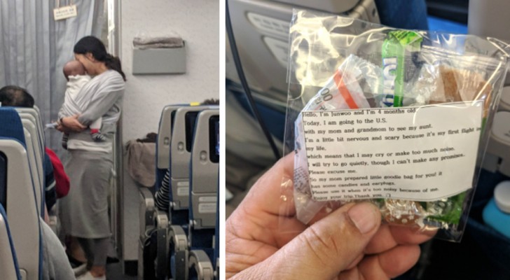 Tiene miedo que su hijo llore durante el vuelo: reparte tapones para las orejas y una nota a 200 pasajeros