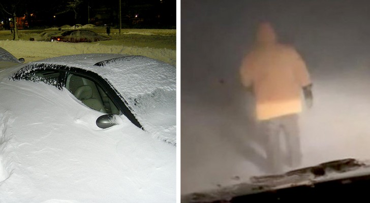 En 80-årig man vandrar genom en snöstorm för att rädda tre bilar som fastnat på gatan