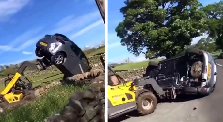 Ein Auto blockiert die Einfahrt eines Landwirts: Er entfernt es mit seinem Traktor (+ VIDEO)