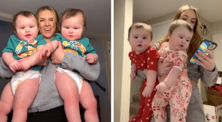 These seven-month-old twins are so "big" that their mother dresses them in one-year-old baby clothes