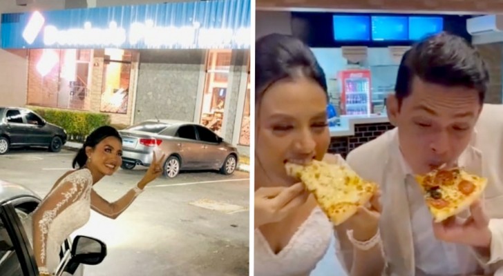 Festeja su boda yendo a comer su pizza preferida con el vestido blanco