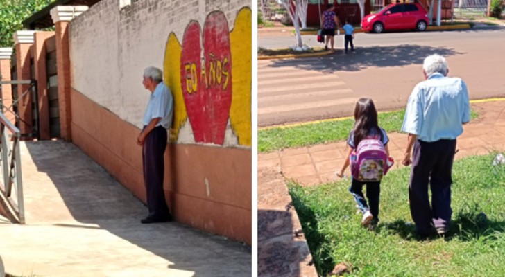 Un nonno di 88 anni accompagna ogni giorno la pronipote a scuola e la aspetta quando esce: vive per questo