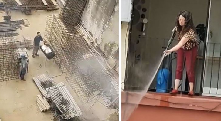 Arbeiter grillt im Innenhof des Gebäudes: Eine Frau, die den Rauch leid ist, löscht ihn mit einem Wasserstrahl (+ VIDEO)