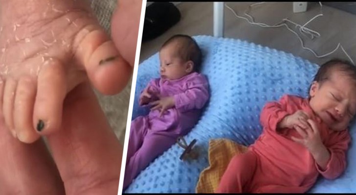 Mom puts nail polish on the feet of her twin daughters: 