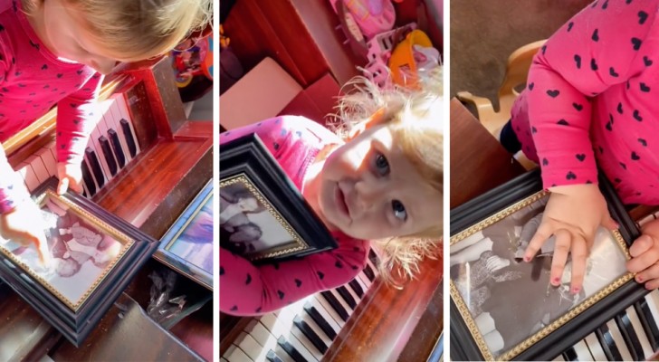 Zweijähriges Mädchen zeigt auf einem alten Foto auf die Urgroßmutter ihrer Mutter und sagt: "Das bin ich"