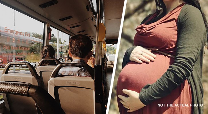 Hij vertelt een zwangere vrouw dat de stoel in de bus "bezet" is door zijn hand, zij gaat er bovenop zitten