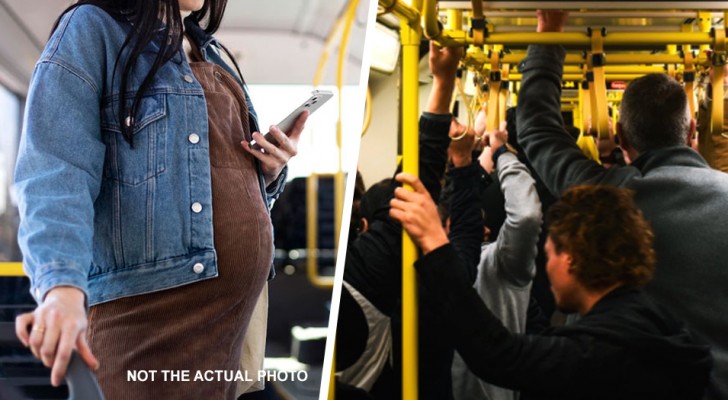 Man occupies two seats by resting his hand on one and refuses to move it to allow a pregnant woman to sit down: she sits on it